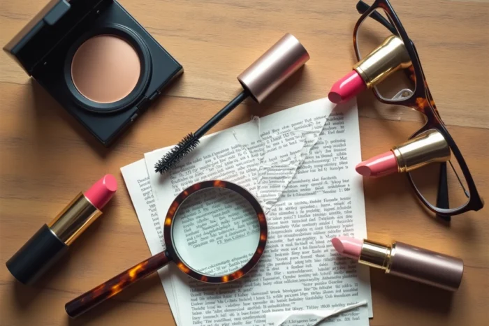 Flat lay de produits de maquillage variés avec une loupe posée sur une liste d'ingrédients cosmétiques