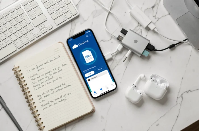 Flatlay d'appareils connectés à OneDrive sur un bureau en marbre blanc illustrant la synchronisation cloud multi-appareils