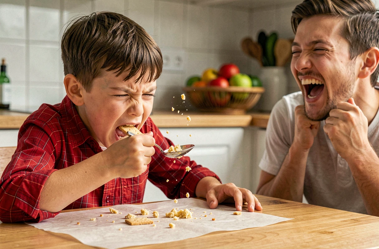 Enfant mangeant son goûter avec une cuillère à soupe de façon comique