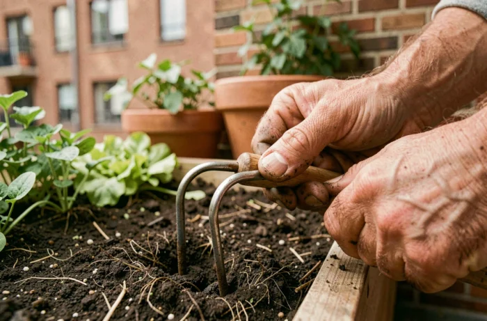 Gros plan sur les dents d'une grelinette plantées dans la terre d'un potager bio urbain avec des mains de jardinier