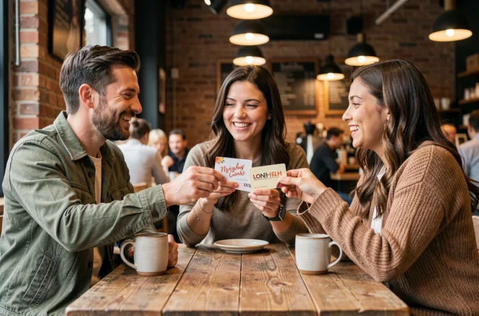 Gruppe von Freunden, die Geschenkkarten an einem rustikalen Kaffeetisch austauschen
