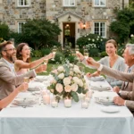 Groupe d'amis et famille réunis autour d'une table de jardin lors d'une fête de retour de noces élégante