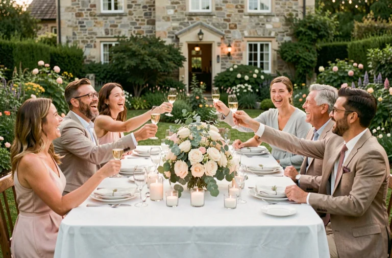 Groupe d'amis et famille réunis autour d'une table de jardin lors d'une fête de retour de noces élégante