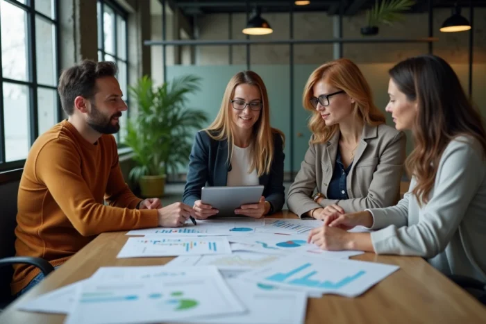 Groupe de jeunes adultes discutant de stratégies d'investissement en bourse autour d'une table de réunion
