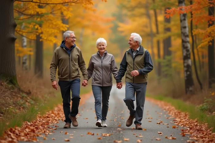 Groupe de seniors actifs marchant ensemble sur un sentier forestier en automne dans une ambiance conviviale