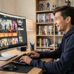 Jeune homme parcourant une boutique en ligne de jeux vidéo sur un grand écran ultrawide dans un bureau gaming moderne