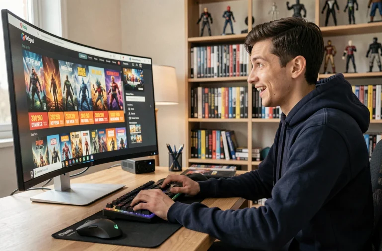 Jeune homme parcourant une boutique en ligne de jeux vidéo sur un grand écran ultrawide dans un bureau gaming moderne