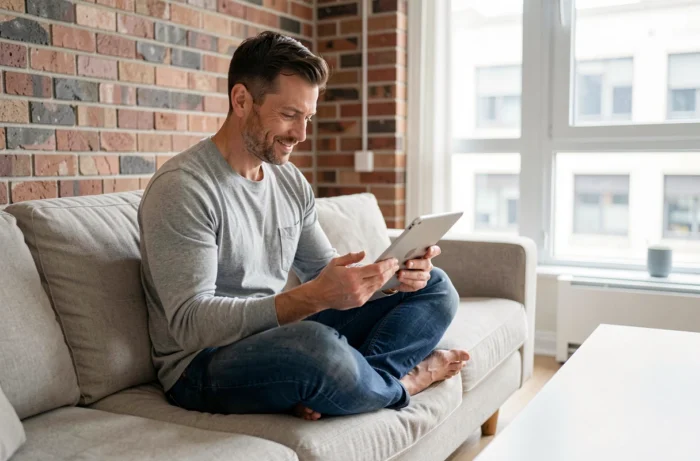 Homme d'affaires consultant des statistiques e-commerce sur une tablette dans un salon moderne pour développer son activité en ligne