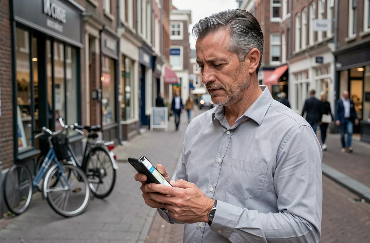 Homme consultant les avis d'entreprises locales sur son smartphone dans une rue commerçante