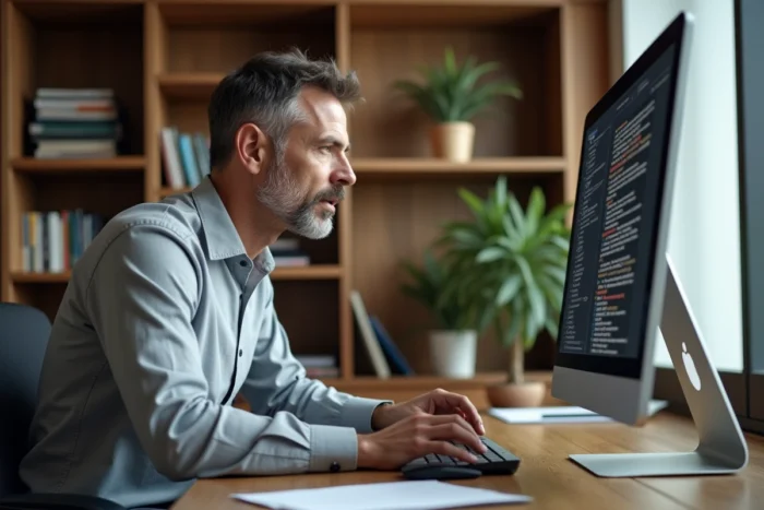 Homme concentré révisant des formules de politesse pour emails professionnels à son bureau à domicile avec un grand écran