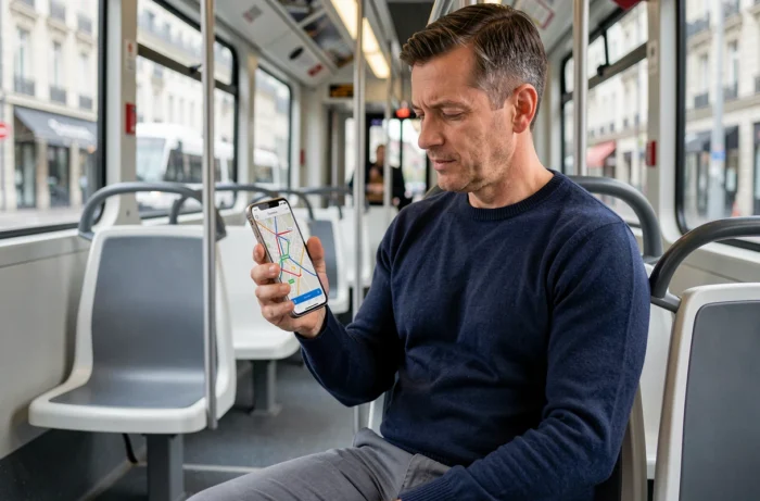 Homme utilisant une carte numérique du réseau TBM Bordeaux dans le tramway