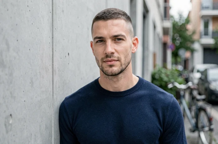 Homme avec une coupe dégradé bas skin fade et crop texturé en extérieur urbain