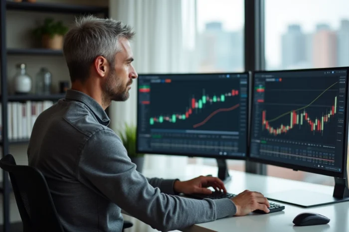 Homme gérant son portefeuille d'investissement sur ordinateur depuis son bureau à domicile