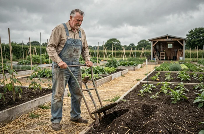 Homme travaillant la terre avec une grelinette dans un grand potager biologique avec des plants de tomates