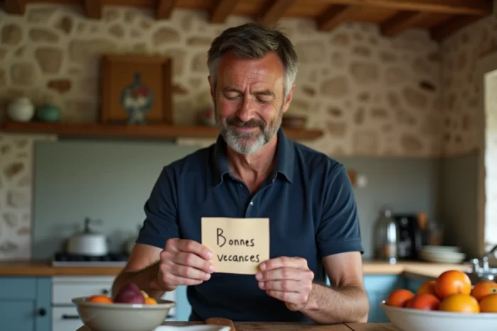 Homme lisant un mot de bienvenue manuscrit 'Bonnes vacances' dans un gîte de vacances rustique