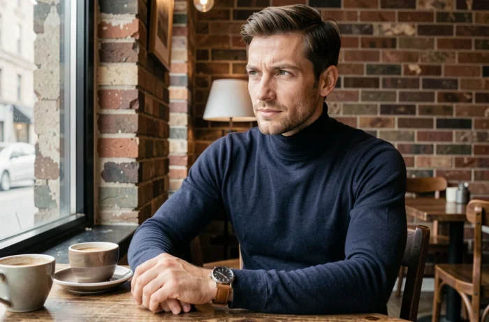 Man wearing a minimalist mechanical watch in a Parisian café with exposed brick walls