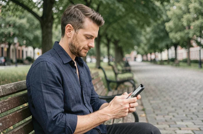 Uomo che cerca annunci immobiliari sul suo smartphone seduto in un parco urbano
