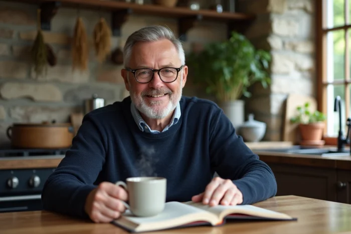 Homme senior souriant lisant un livre sur le bien-être dans une cuisine rustique avec une tasse de thé
