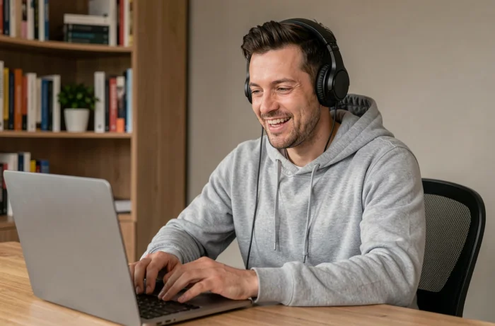 Homme travaillant depuis chez lui avec un casque audio, boosté par une playlist de chansons motivantes au quotidien