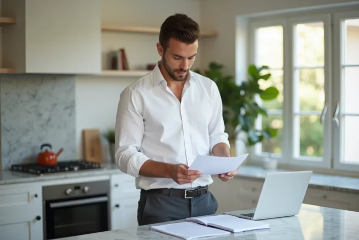 Homme en télétravail debout à un comptoir de cuisine, consultant des documents professionnels dans un environnement domestique moderne