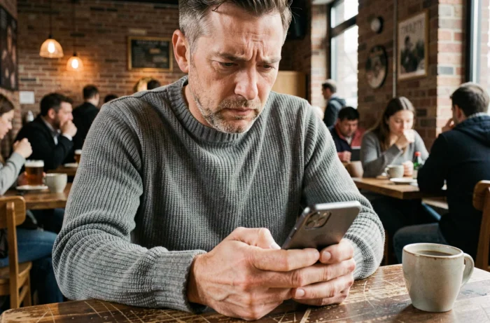 Homme scrutant un lien sur smartphone dans un café pour éviter les arnaques en ligne