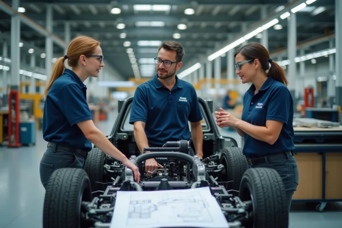 Équipe d'ingénieurs automobiles analysant des plans techniques autour d'un châssis de voiture dans un atelier de fabrication moderne