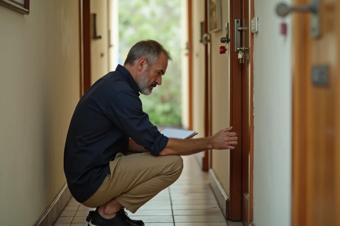 Propriétaire inspectant la porte et la serrure d'un logement lors du changement de locataire
