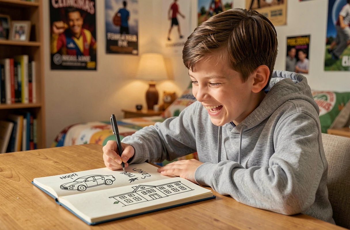 Enfant inventant un nouveau nom absurde pour son école et sa voiture dans un carnet