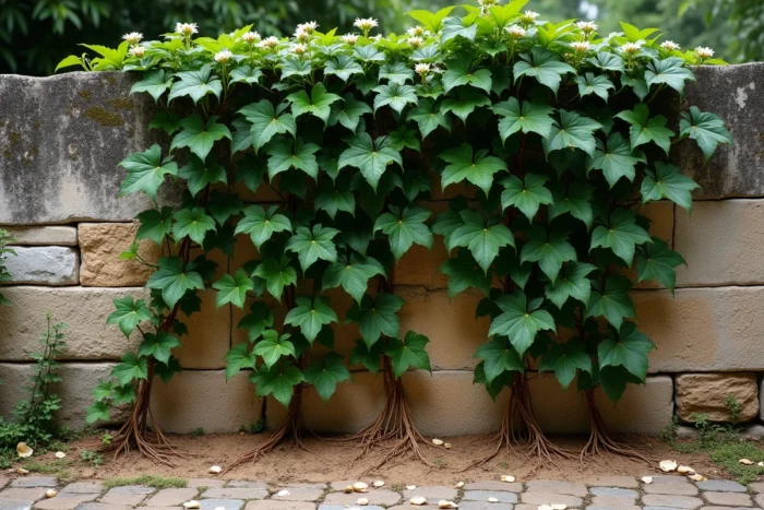 Plant de jasmin grimpant sur un mur en pierre avec la zone racinaire visible au niveau du sol dans un jardin traditionnel