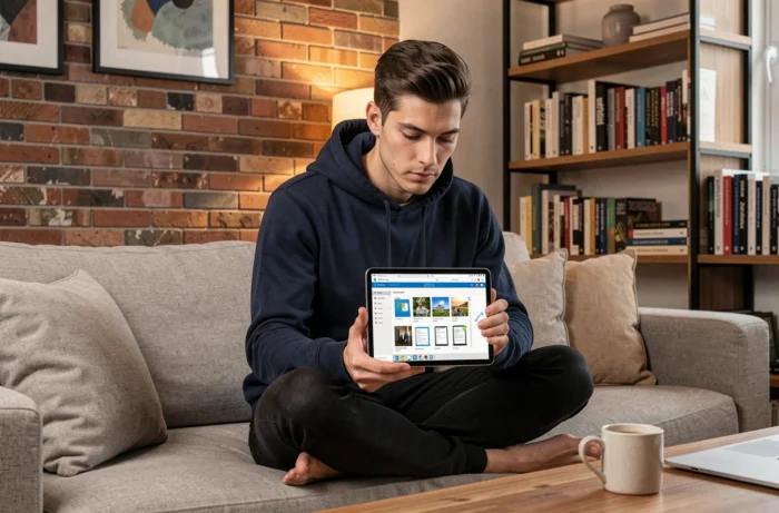 Jeune homme accédant à ses fichiers OneDrive depuis une tablette dans un salon moderne