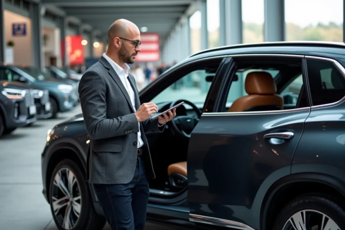 Journaliste automobile masculin examinant l'intérieur d'un SUV de luxe lors d'un salon automobile en extérieur, tablette à la main