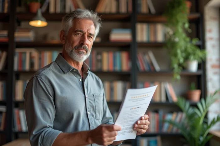 Journaliste tenant une liste notée d'étoiles devant une bibliothèque editoriale, symbolisant le guide fiable Atom News pour FranceLecture