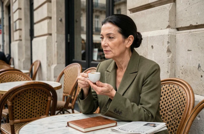 Journalistin, die an einem Tisch in einem Pariser Café mit Notizbuch und Zeitung sitzt, authentische redaktionelle Atmosphäre