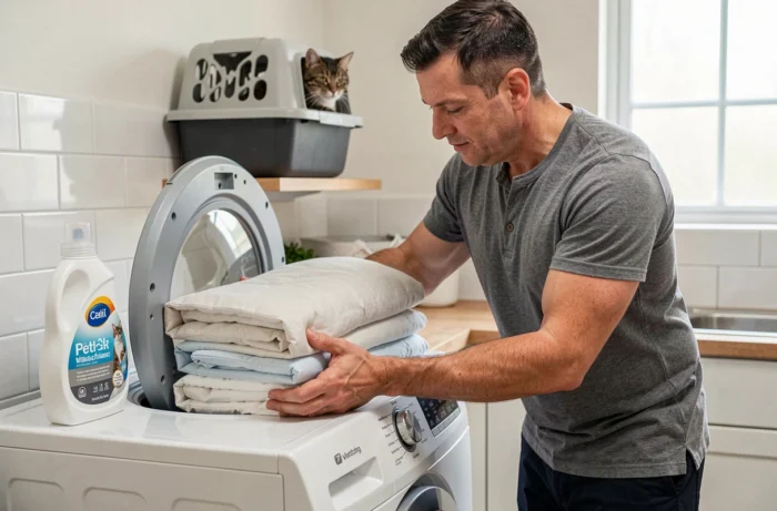 Homme chargeant la literie de son chat dans un lave-linge après administration d'un vermifuge, chat dans sa cage visible en arrière-plan
