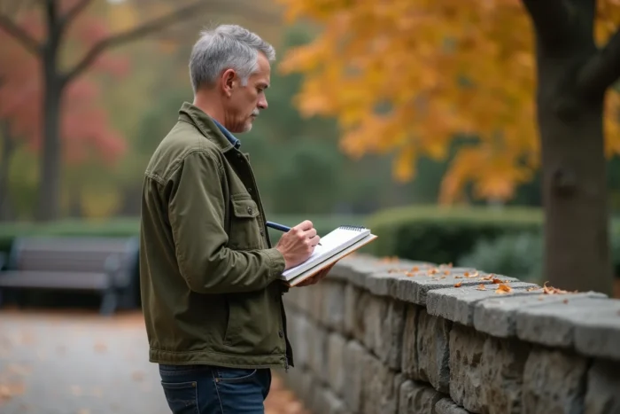 Homme dessinant dans un carnet en plein air dans un parc urbain aux couleurs d'automne