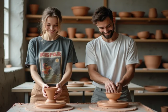 Deux amis pratiquant la poterie ensemble dans un atelier de céramique artisanal