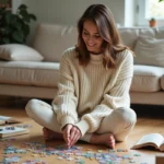 Femme souriante entourée de jeux de société et puzzles sur un parquet en bois dans un salon cosy