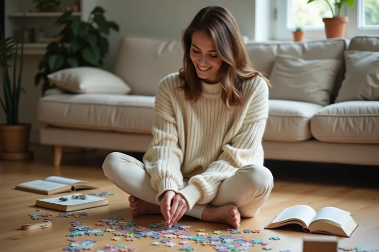 Femme souriante entourée de jeux de société et puzzles sur un parquet en bois dans un salon cosy