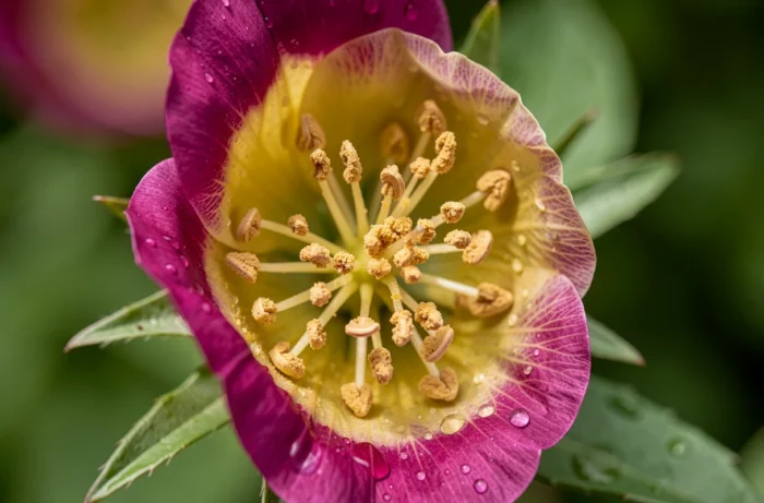 Vue macro des organes reproducteurs d'une fleur montrant étamines, pistil et grains de pollen pour illustrer la reproduction sexuée végétale