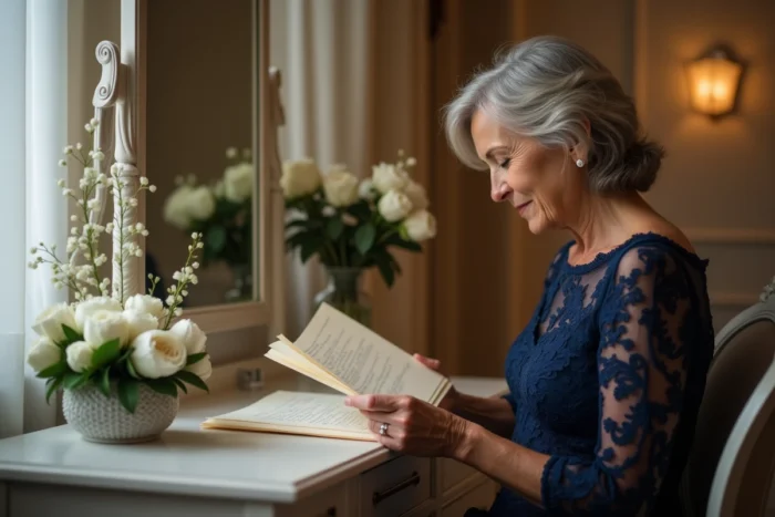 Maman relisant son discours de mariage dans les coulisses de la salle de réception