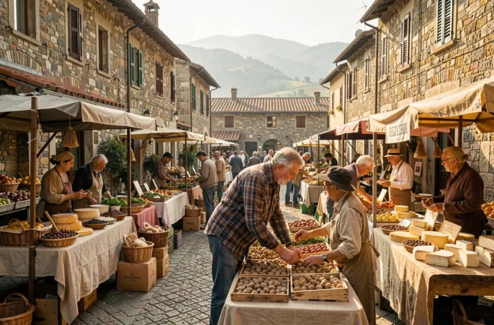 Mercato locale animato sulla piazza di un villaggio delle Langhe vicino a Pietra d'Alba con prodotti regionali e tartufi piemontesi
