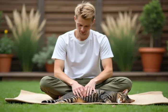 Jeune homme pratiquant un massage bien-être naturel sur un chat tigré dans un jardin paisible en plein air