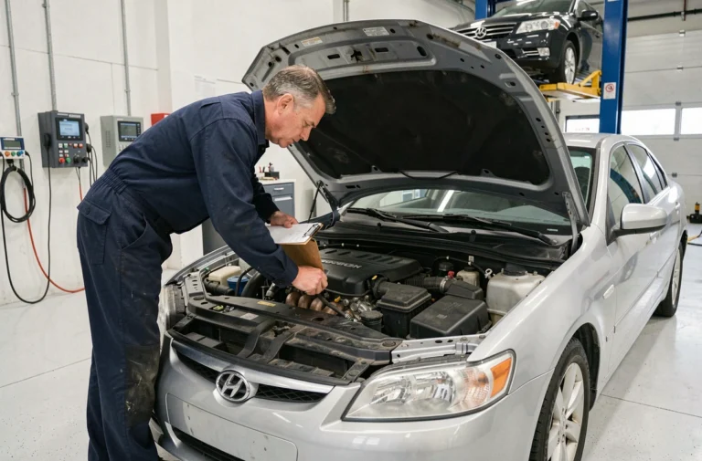 Mécanicien professionnel effectuant un contrôle technique sur une voiture dans un centre d'inspection automobile agréé