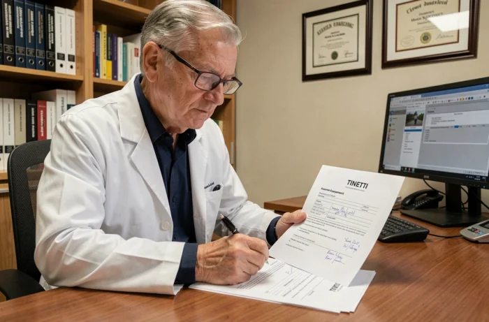 Médecin gériatre analysant un formulaire PDF du test de Tinetti avec annotations sur son bureau médical