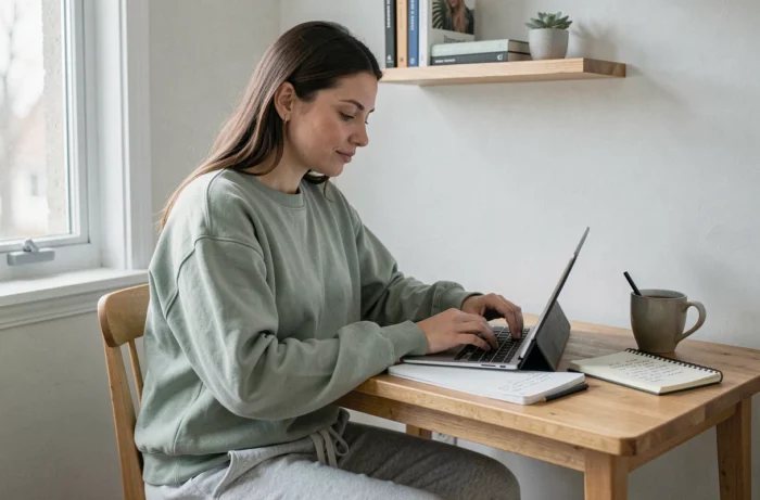 Jeune mère consultant des ressources parentales en ligne sur une tablette dans son espace de travail à domicile, symbolisant la recherche d'information et l'accompagnement à la parentalité