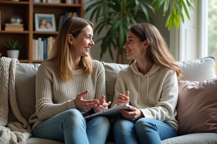 Mère et fille adolescente partageant un moment de complicité sur le canapé du salon familial