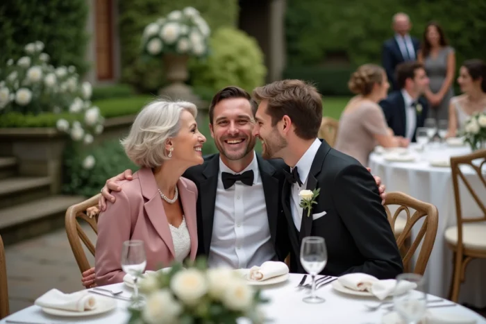 Mère partageant un moment émouvant avec son fils et sa belle-fille le jour de leur mariage