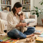 Mère lisant un livre à son enfant en bas âge sur le sol d'un salon familial chaleureux, illustrant la parentalité bienveillante au quotidien