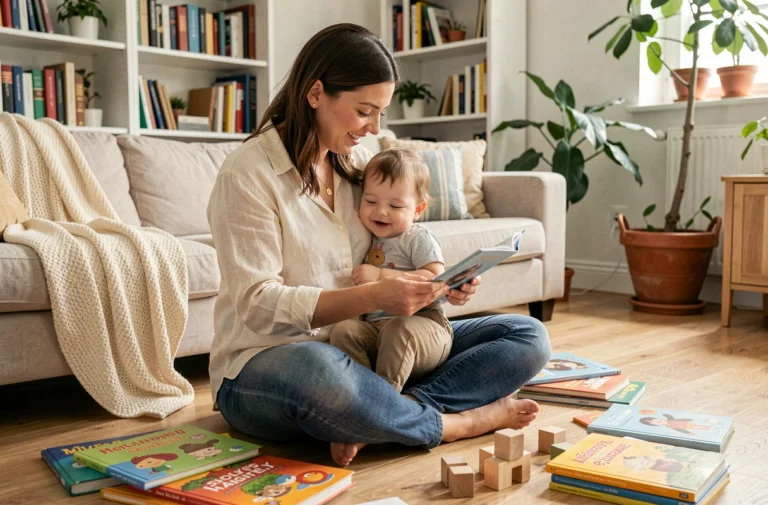 Mère lisant un livre à son enfant en bas âge sur le sol d'un salon familial chaleureux, illustrant la parentalité bienveillante au quotidien
