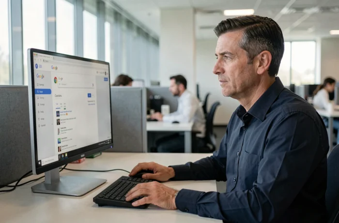 Homme configurant le moteur de recherche par défaut sur Chrome dans un environnement de bureau professionnel